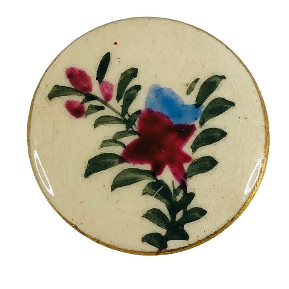 2 Japanese Satsuma Buttons Porcelain Flower Design 1 1/8” Gold Trim Floral VTG - Picture 2 of 9